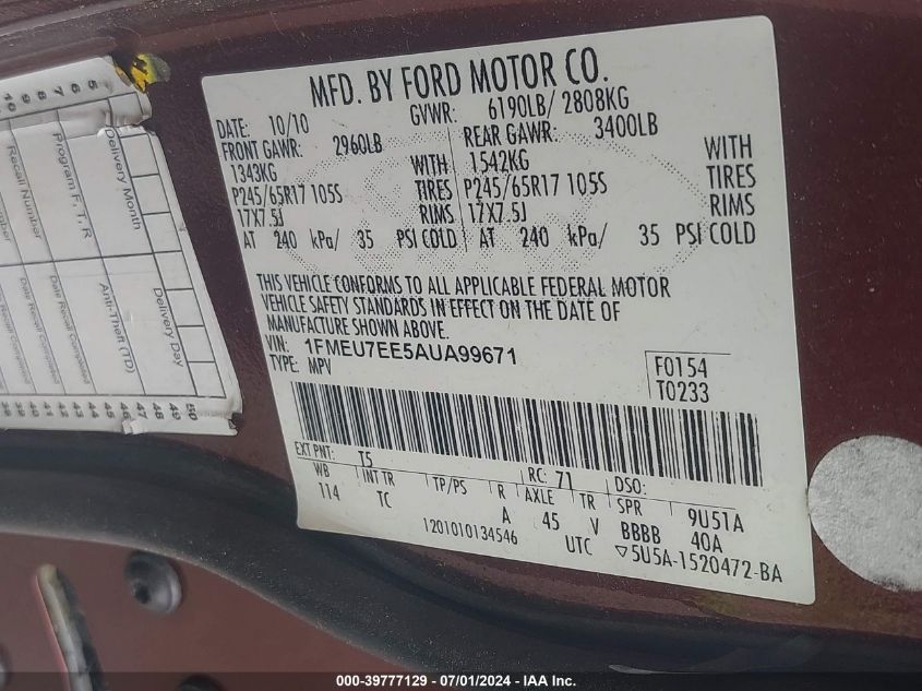 2010 Ford Explorer Eddie Bauer VIN: 1FMEU7EE5AUA99671 Lot: 39777129