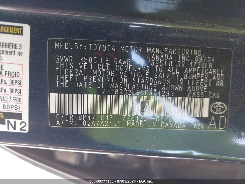 2005 Toyota Corolla S VIN: 2T1BR32E85C374295 Lot: 39777130