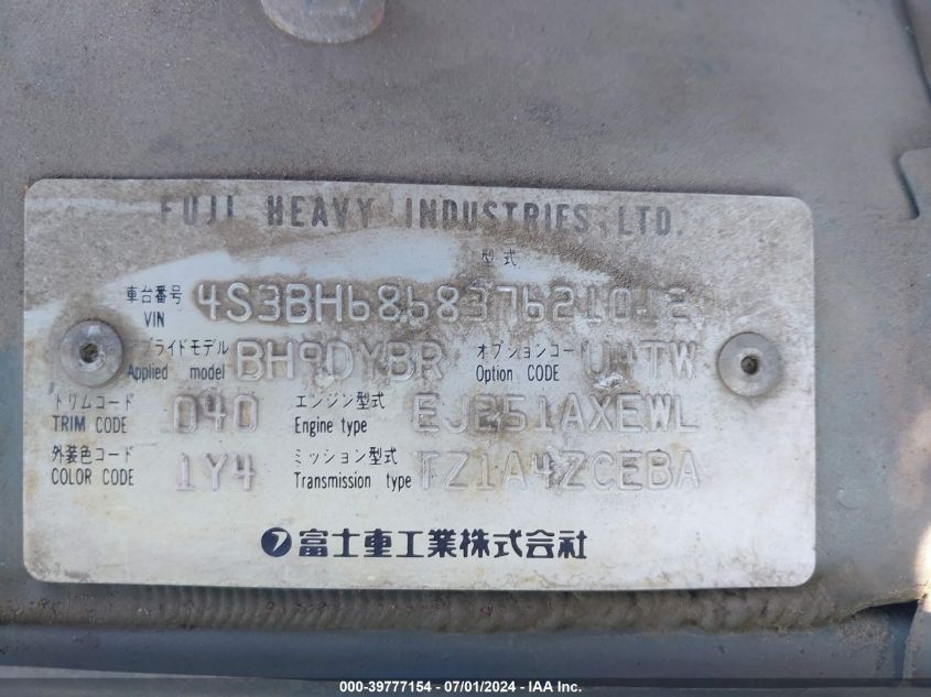 2003 Subaru Outback Limited VIN: 4S3BH686837621012 Lot: 39777154