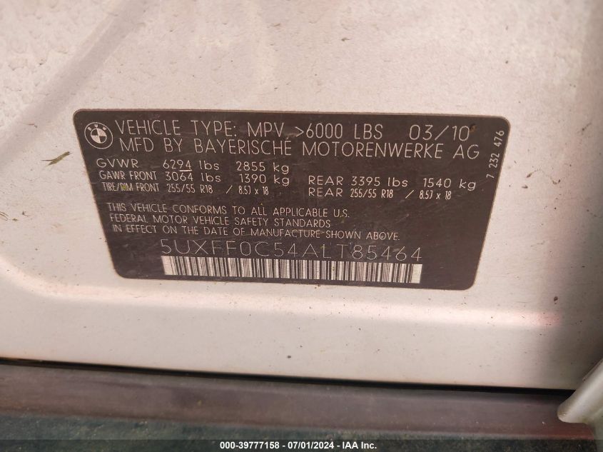 2010 BMW X5 xDrive35D VIN: 5UXFF0C54ALT85464 Lot: 39777158