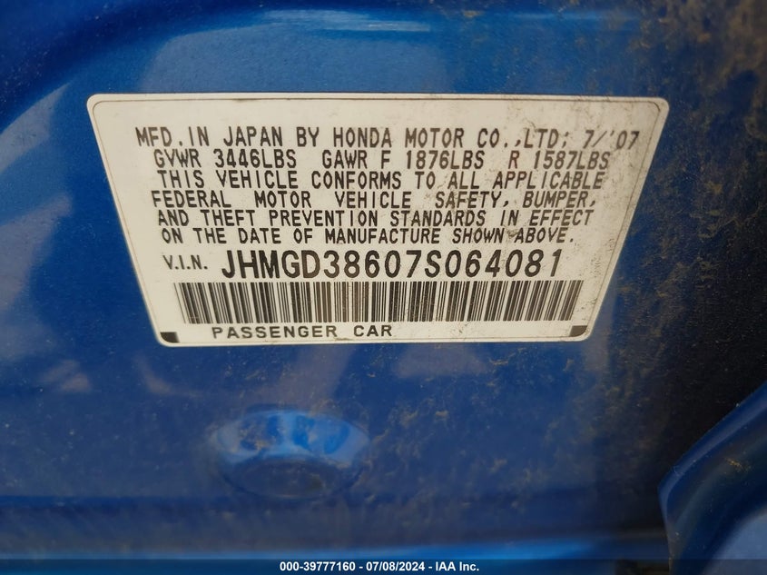 2007 Honda Fit Sport VIN: JHMGD38607S064081 Lot: 39777160