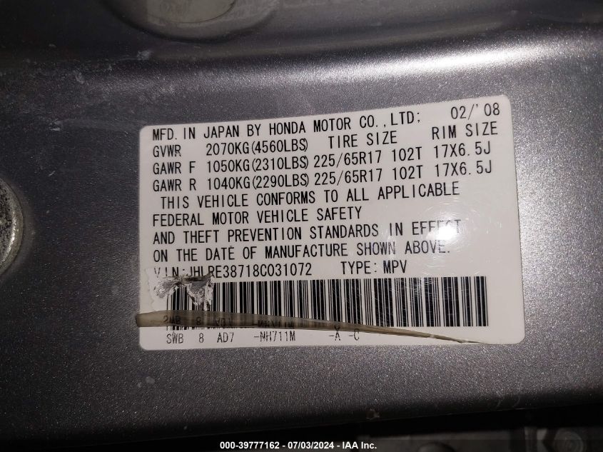 2008 Honda Cr-V Ex-L VIN: JHLRE38718C031072 Lot: 39777162
