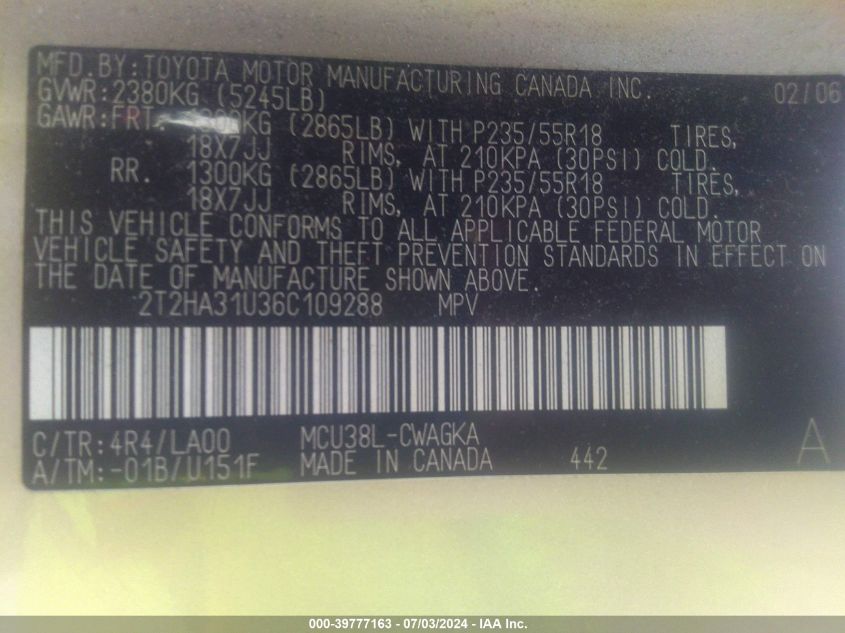 2006 Lexus Rx 330 VIN: 2T2HA31U36C109288 Lot: 39777163