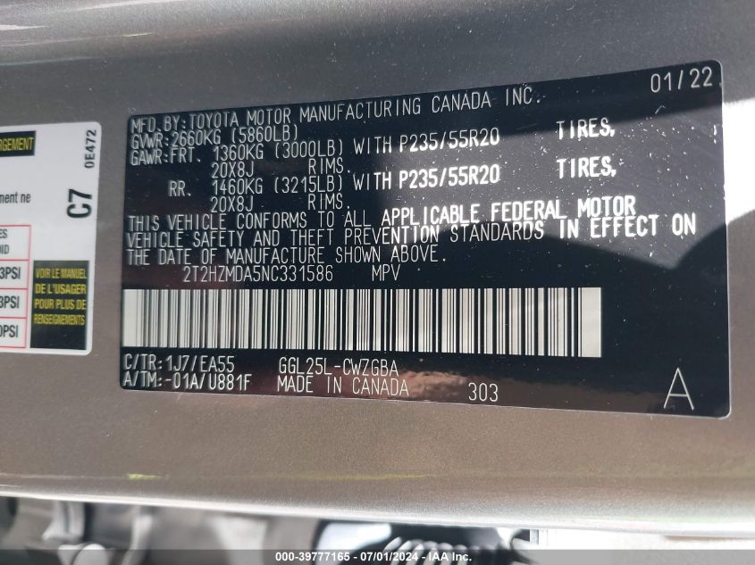 2022 Lexus Rx 350 VIN: 2T2HZMDA5NC331586 Lot: 39777165