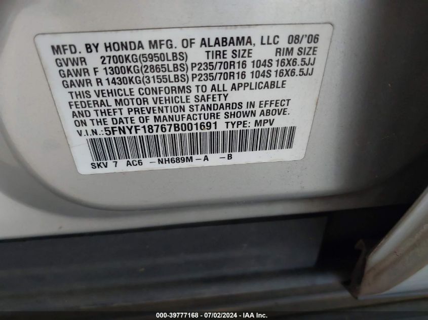 2007 Honda Pilot Exl VIN: 5FNYF18767B001691 Lot: 39777168