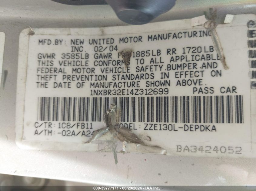 2004 Toyota Corolla Ce VIN: 1NXBR32E14Z312699 Lot: 39777171
