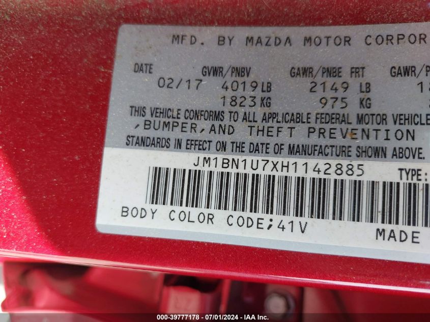 2017 Mazda Mazda3 Sport VIN: JM1BN1U7XH1142885 Lot: 39777178