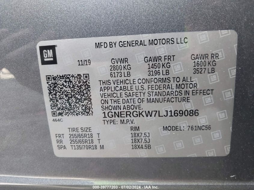 2020 Chevrolet Traverse Lt VIN: 1GNERGKW7LJ169086 Lot: 39777203