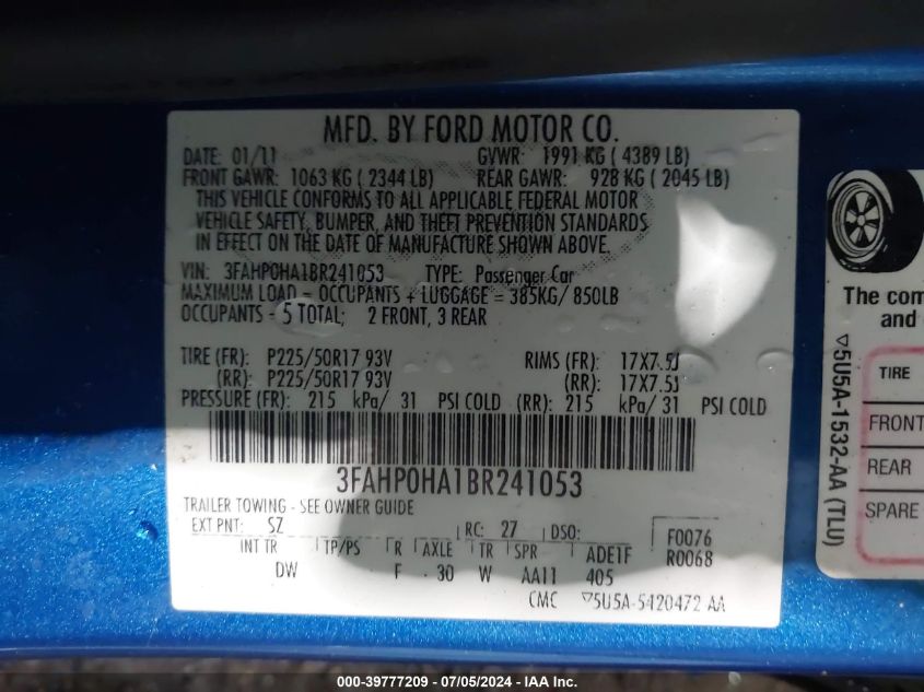 2011 Ford Fusion Se VIN: 3FAHP0HA1BR241053 Lot: 39777209