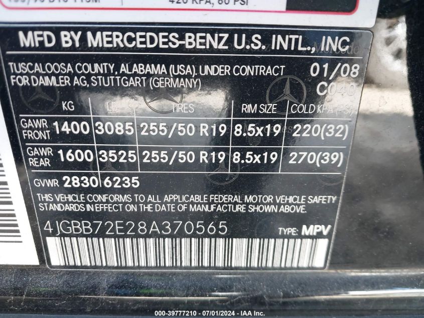 2008 Mercedes-Benz Ml 550 4Matic VIN: 4JGBB72E28A370565 Lot: 39777210