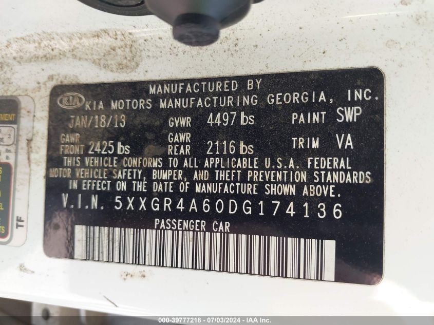 2013 Kia Optima Sx VIN: 5XXGR4A60DG174136 Lot: 39777218