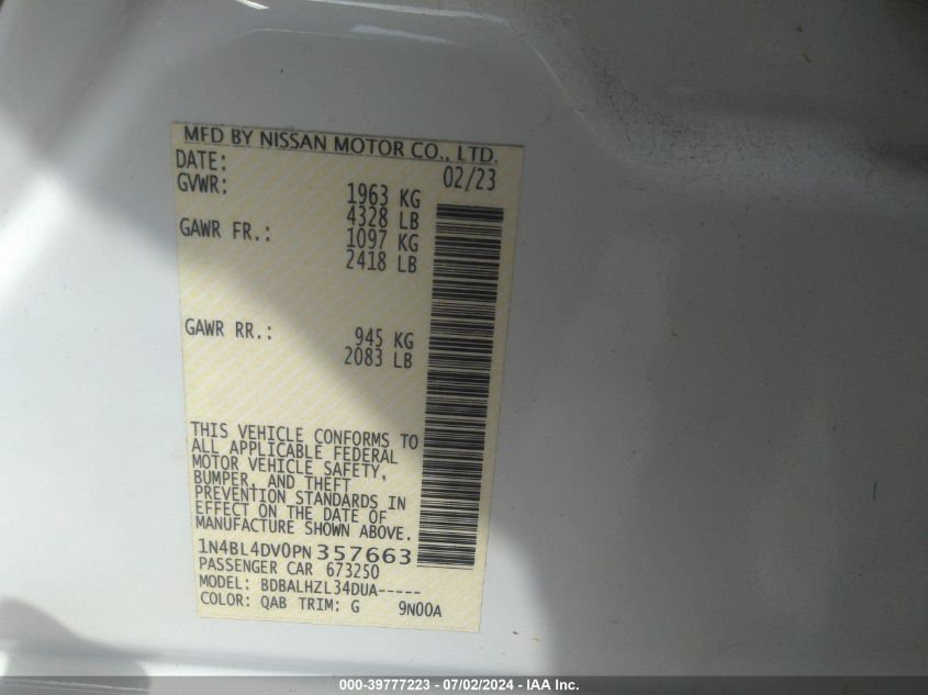 1N4BL4DV0PN357663 | 2023 NISSAN ALTIMA