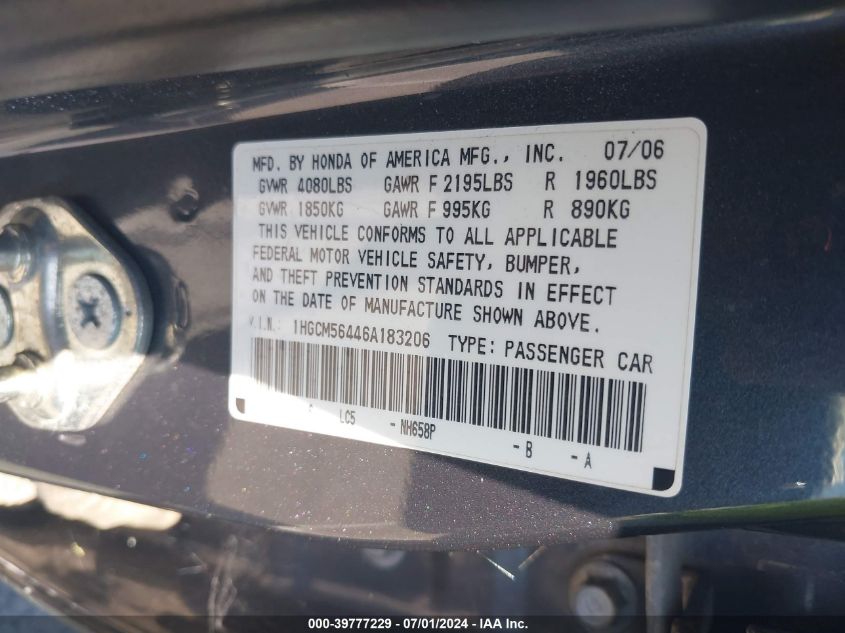 2006 Honda Accord 2.4 Lx VIN: 1HGCM56446A183206 Lot: 39777229