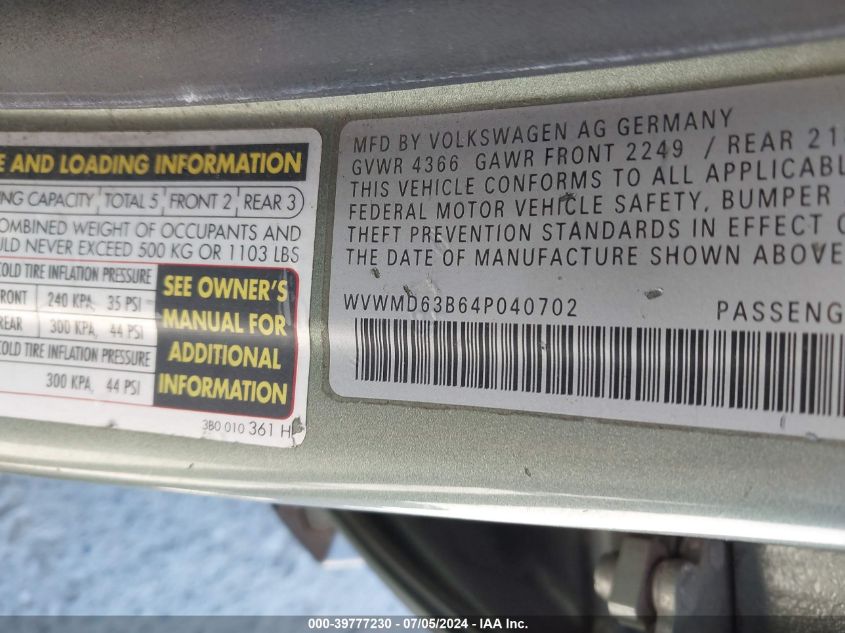 2004 Volkswagen Passat Gl VIN: WVWMD63B64P040702 Lot: 39777230