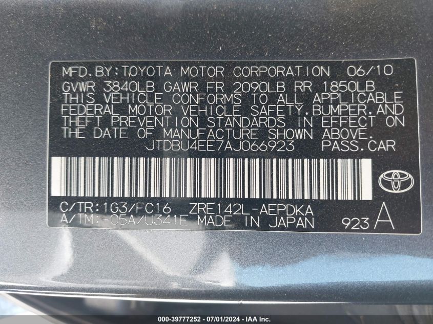 2010 Toyota Corolla Le VIN: JTDBU4EE7AJ066923 Lot: 39777252