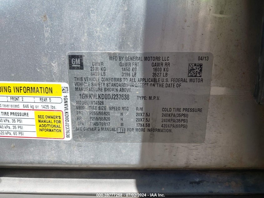 2013 Chevrolet Traverse Ltz VIN: 1GNKVLKD0DJ237638 Lot: 39777258