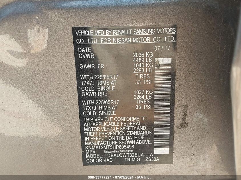 2017 Nissan Rogue S/Sv VIN: KNMAT2MT5HP605498 Lot: 39777271