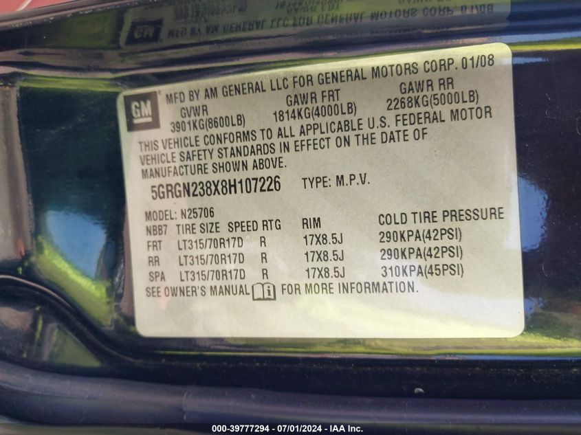 2008 Hummer H2 Suv VIN: 5GRGN238X8H107226 Lot: 39777294