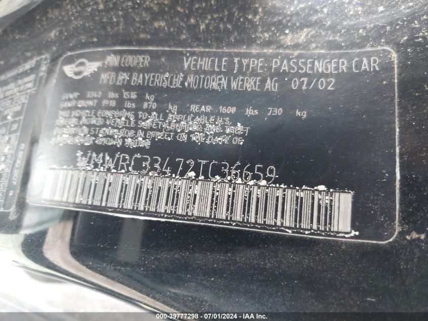 2002 Mini Cooper VIN: WMWRC33472TC36659 Lot: 39777298