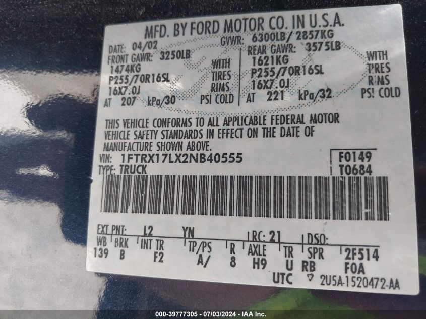 2002 Ford F-150 Lariat/Xl/Xlt VIN: 1FTRX17LX2NB40555 Lot: 39777305