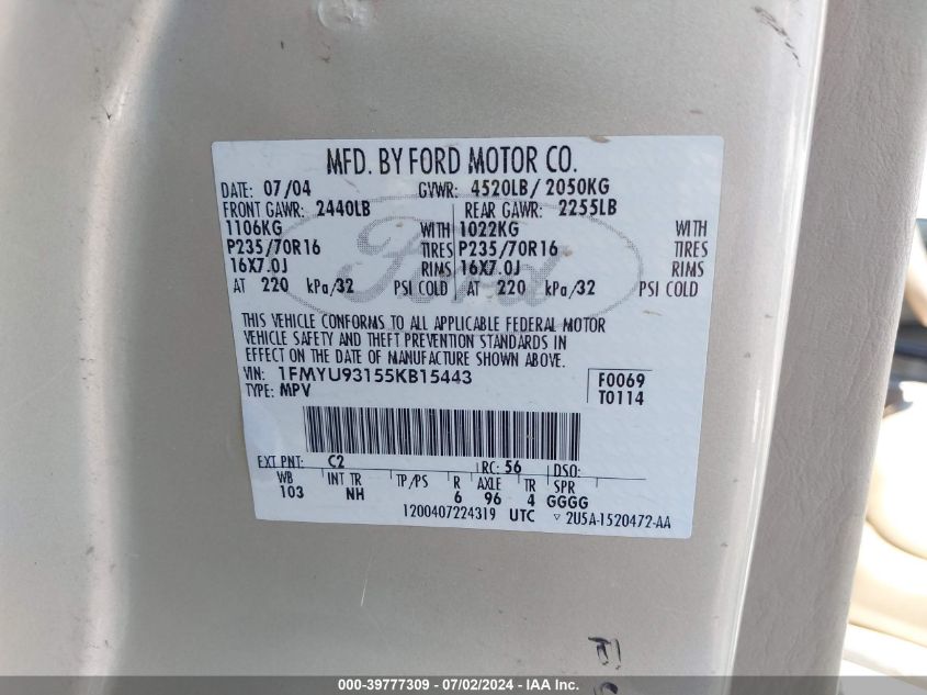 2005 Ford Escape Xlt VIN: 1FMYU93155KB15443 Lot: 39777309