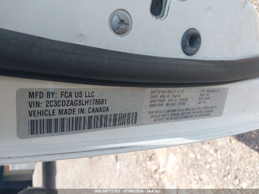 2020 Dodge Challenger Sxt VIN: 2C3CDZAG8LH178681 Lot: 39777311