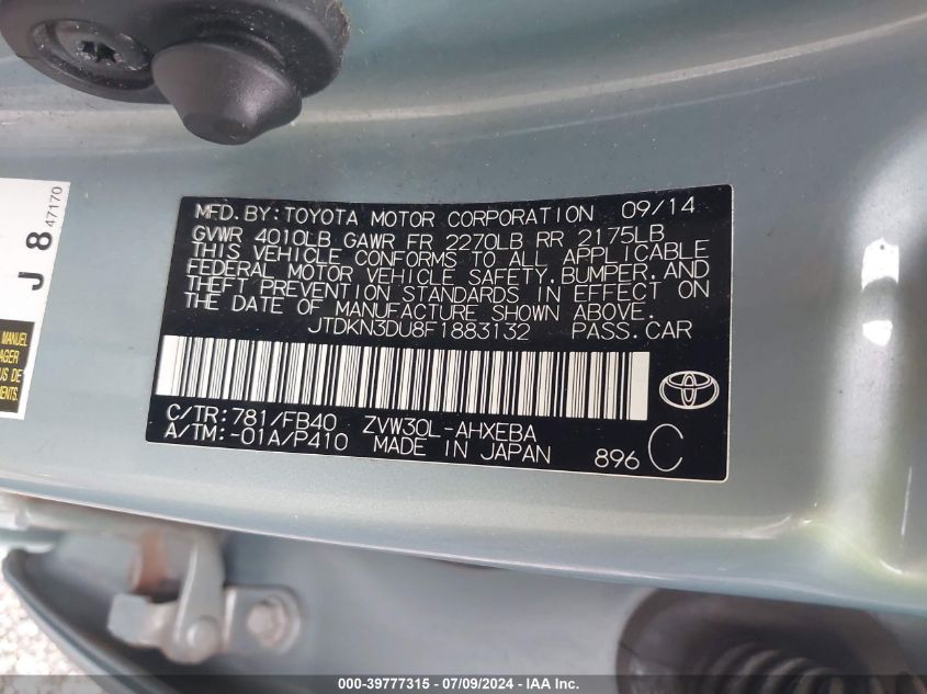 2015 Toyota Prius VIN: JTDKN3DU8F1883132 Lot: 39777315