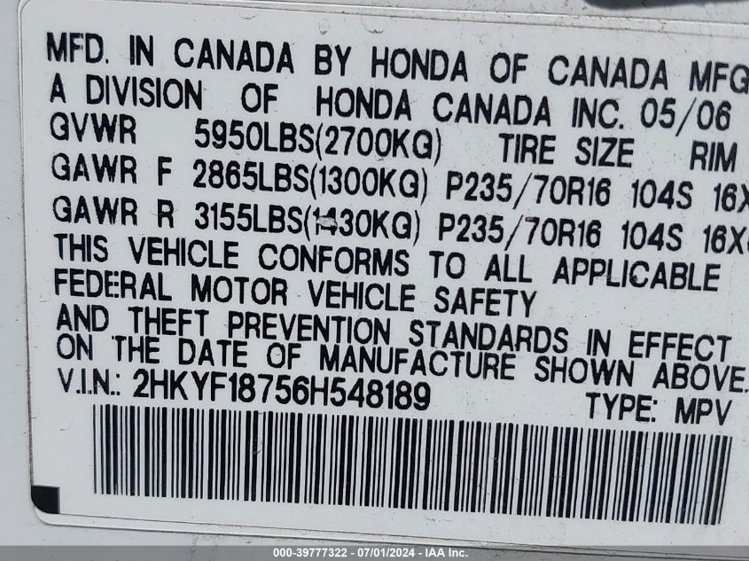 2006 Honda Pilot Ex-L VIN: 2HKYF18756H548189 Lot: 39777322