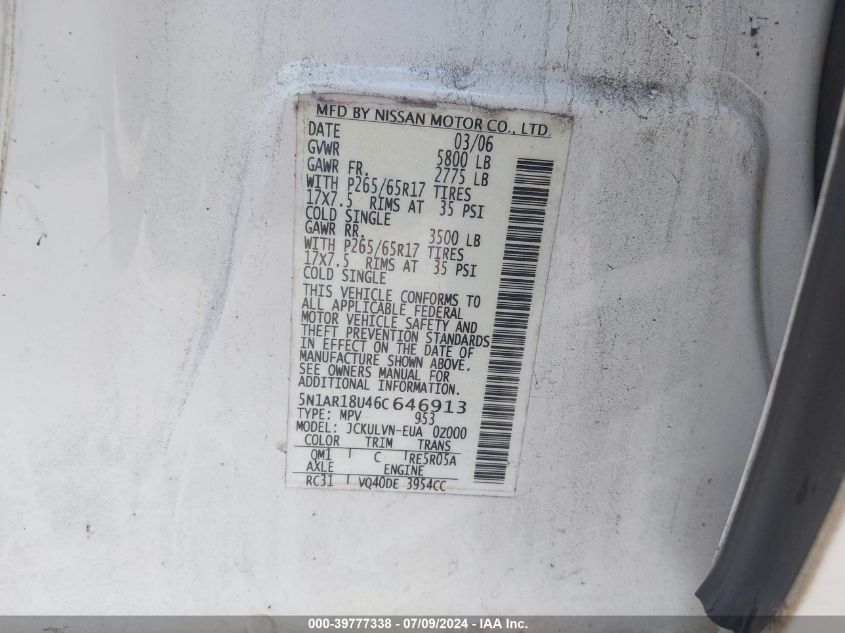2006 Nissan Pathfinder Le VIN: 5N1AR18U46C646913 Lot: 39777338
