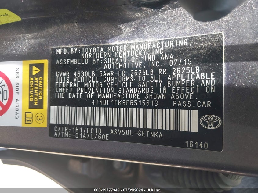 2015 Toyota Camry Le VIN: 4T4BF1FK8FR515613 Lot: 39777349