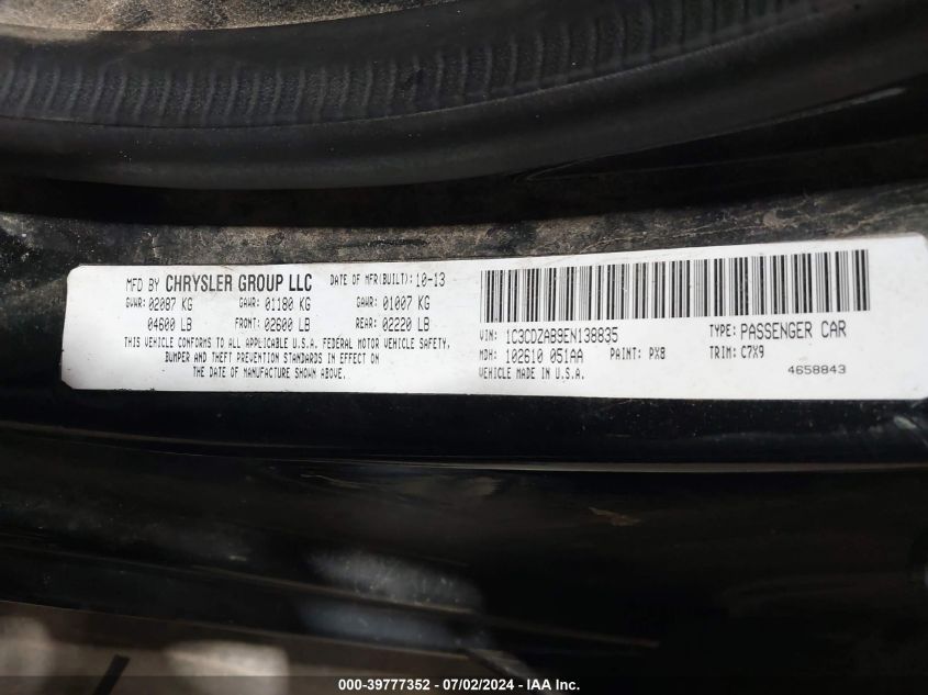 2014 Dodge Avenger Se VIN: 1C3CDZAB9EN138835 Lot: 39777352