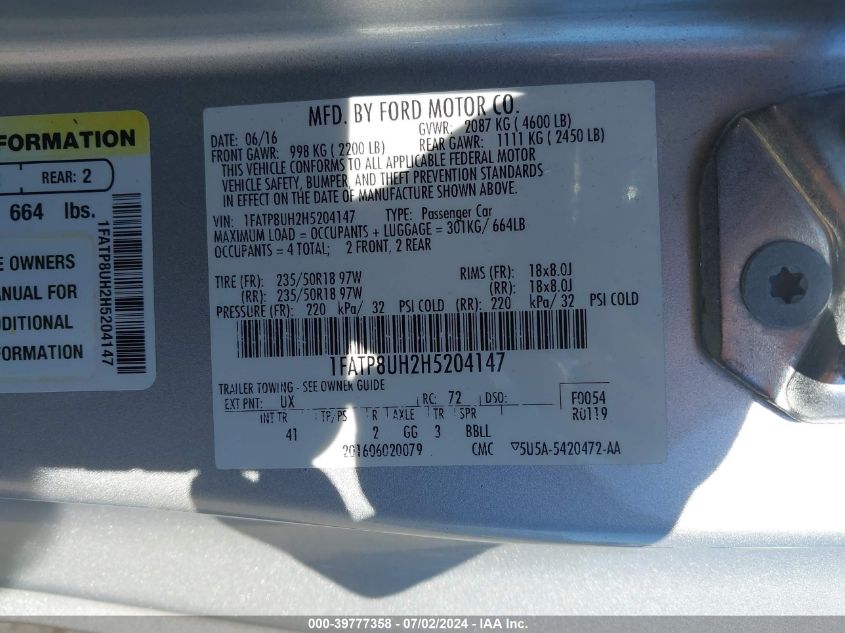 2017 Ford Mustang Ecoboost Premium VIN: 1FATP8UH2H5204147 Lot: 39777358