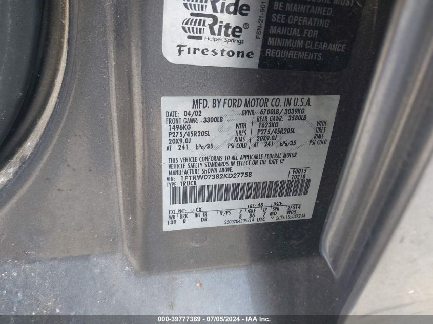 2002 Ford F-150 Lariat VIN: 1FTRW07382KD27758 Lot: 39777369