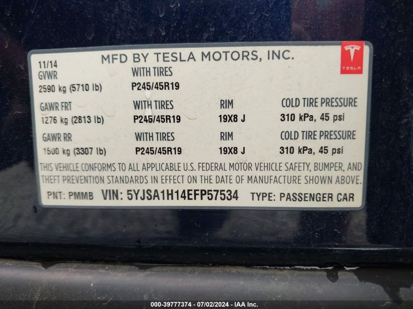 2014 Tesla Model S P85 VIN: 5YJSA1H14EFP57534 Lot: 39777374