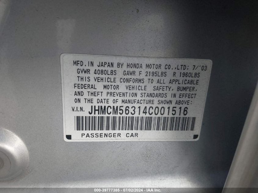 2004 Honda Accord 2.4 Lx VIN: JHMCM56314C001516 Lot: 39777385