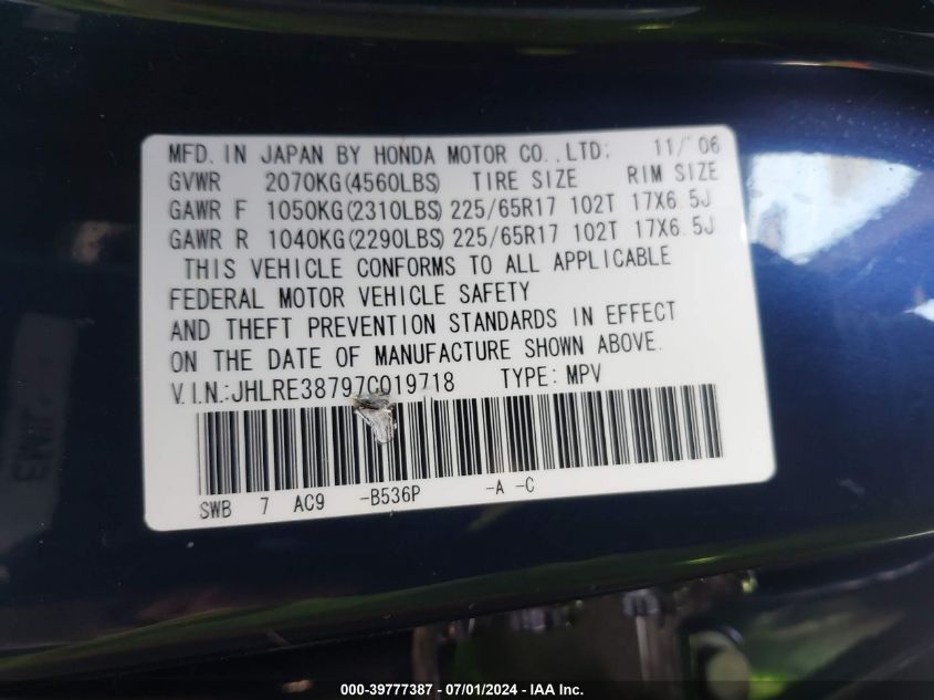2007 Honda Cr-V Ex-L VIN: JHLRE38797C019718 Lot: 39777387