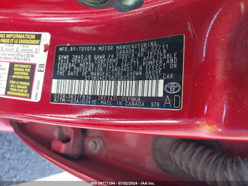 2011 Toyota Corolla Le VIN: 2T1BU4EE5BC582338 Lot: 39777394