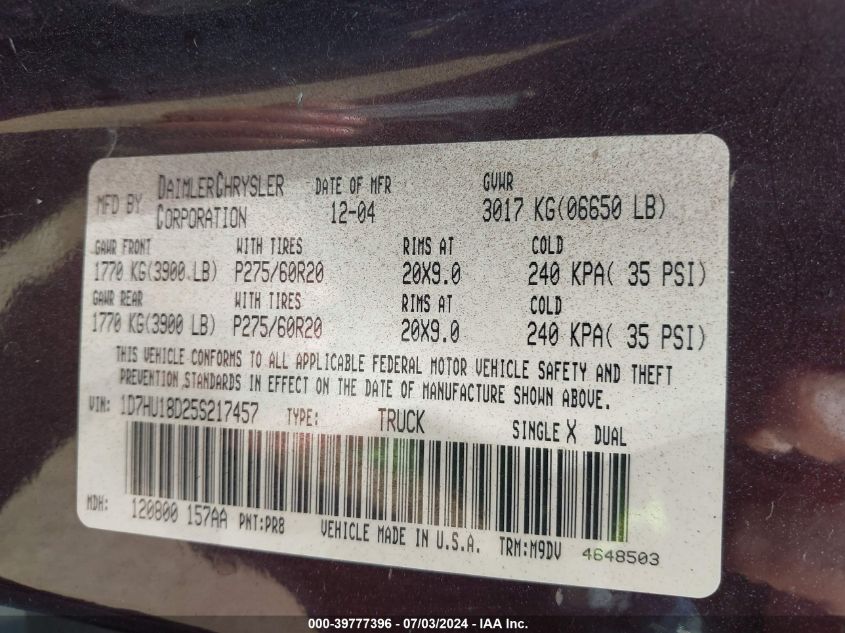 2005 Dodge Ram 1500 Slt/Laramie VIN: 1D7HU18D25S217457 Lot: 39777396