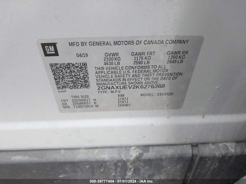 2019 Chevrolet Equinox Lt VIN: 2GNAXUEV2K6276368 Lot: 39777404