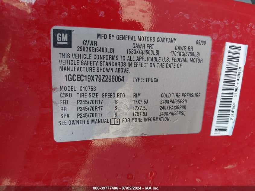 2009 Chevrolet Silverado 1500 Work Truck VIN: 1GCEC19X79Z296064 Lot: 39777406