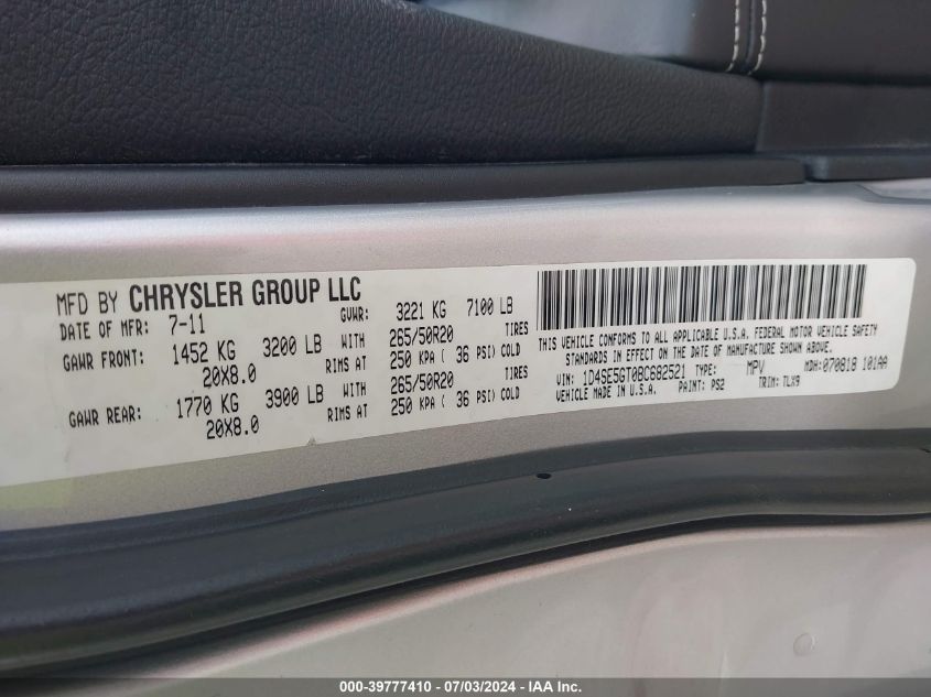 2011 Dodge Durango Citadel VIN: 1D4SE5GT0BC682521 Lot: 39777410