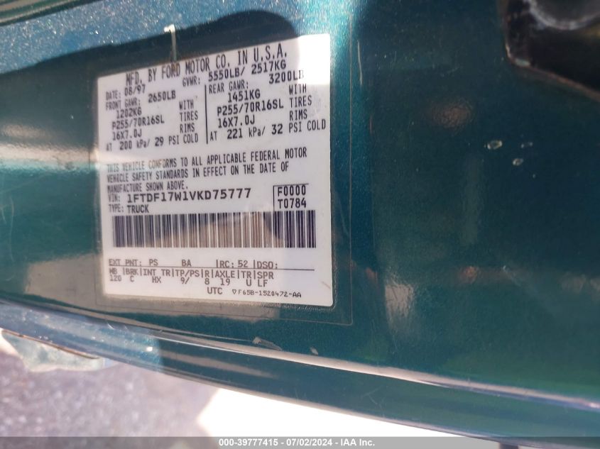 1997 Ford F-150 Lariat/Standard/Xl/Xlt VIN: 1FTDF17W1VKD75777 Lot: 39777415