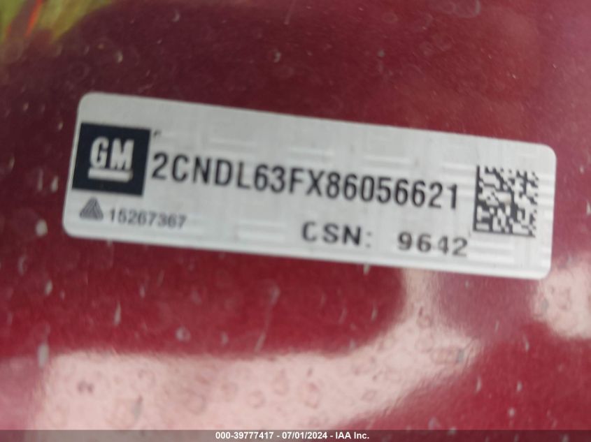 2008 Chevrolet Equinox Lt VIN: 2CNDL63FX86056621 Lot: 39777417