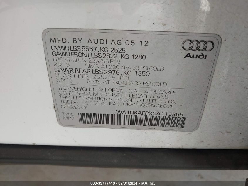 2012 Audi Q5 3.2 Premium Plus VIN: WA1DKAFPXCA113355 Lot: 39777419