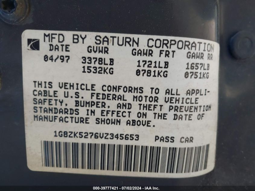 1997 Saturn Sl Sl2 VIN: 1G8ZK5276VZ345653 Lot: 39777421