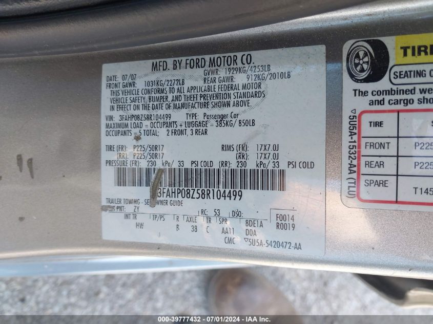2008 Ford Fusion Sel VIN: 3FAHP08Z58R104499 Lot: 39777432