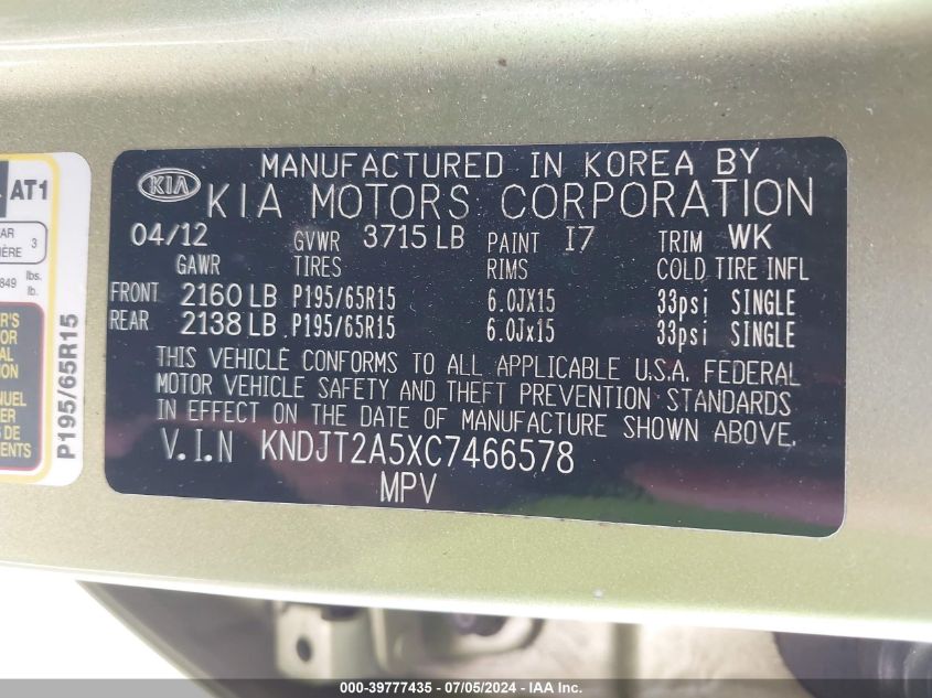 2012 Kia Soul VIN: KNDJT2A5XC7466578 Lot: 39777435