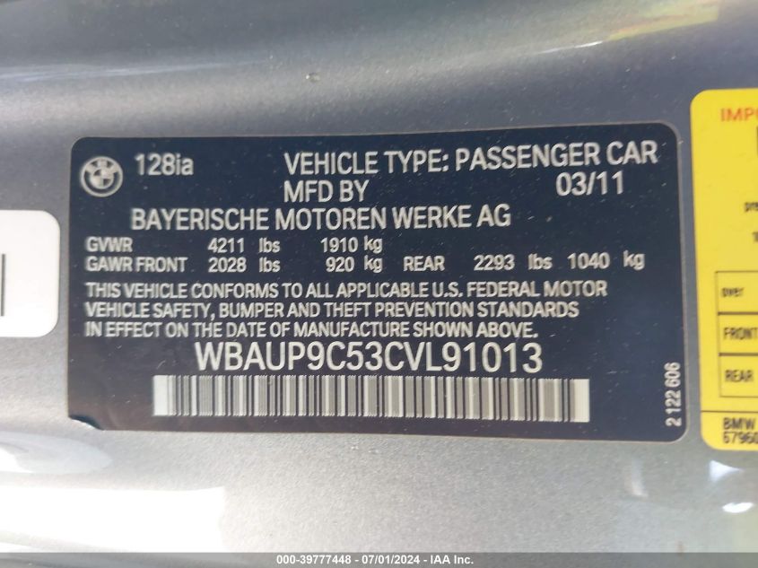 2012 BMW 128I VIN: WBAUP9C53CVL91013 Lot: 39777448