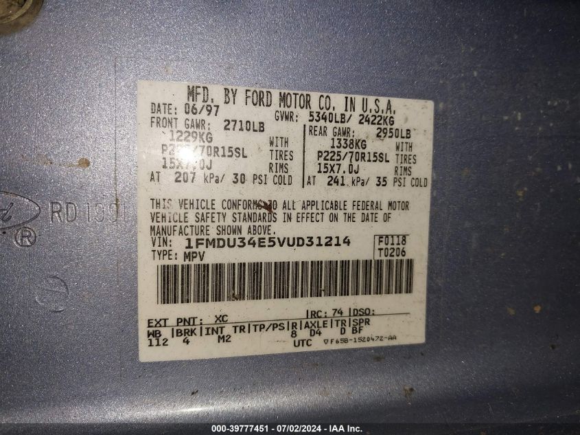 1997 Ford Explorer VIN: 1FMDU34E5VUD31214 Lot: 39777451
