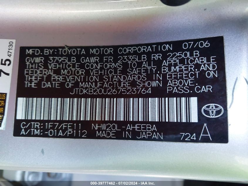 JTDKB20U267523764 | 2006 TOYOTA PRIUS